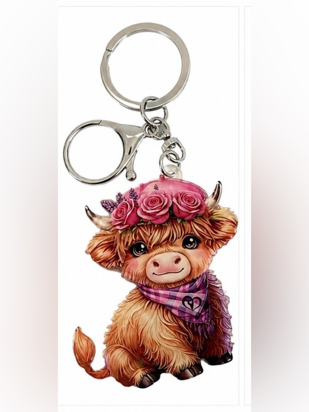 Cute Highland Cow Keychain with Pink Floral Crown